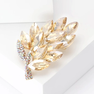 Elegant champagne crystal leaf brooch with colorful rhinestones on a gold alloy base