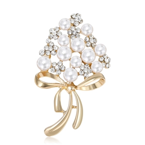 Elegant Alloy Faux Artificial Pearl Rhinestone Flower Bouquet Brooch Gold Silver Bowknot Pin For Women Suit Coat Jewelry Accessory