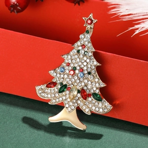 Elegant gold Christmas tree brooch with colorful rhinestones for women's suits