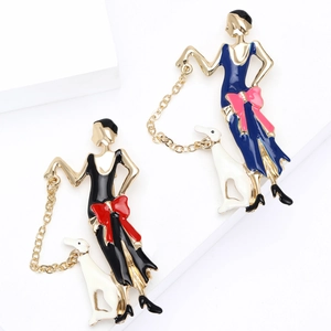 Vintage Art Deco Style Alloy Enamel Lady Walking Hound Brooch Elegant Cartoon Woman With Dog Pin Fine Chain Accessory For Women