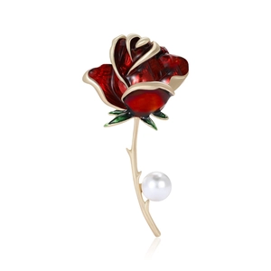 Elegante Spilla a Forma di Rosa in Lega Con Smalto a Goccia d'Olio e Perla Artificial Sintetica Placcata Oro Stile Vintage Gioielli Donna