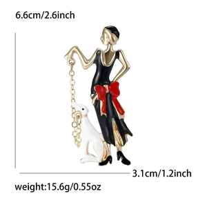 Fashion alloy lady with dog enamel brooch featuring a red bow and vintage silhouette
