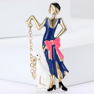 Elegant gold alloy brooch featuring an enamel lady and a pet dog with a gold chain