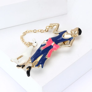 Elegant European style enamel brooch featuring a lady in blue gown with golden chain detail