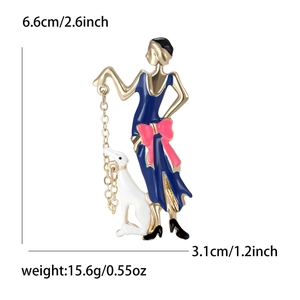 Elegant enamel lady brooch with white hound dog and chain detail in gold alloy