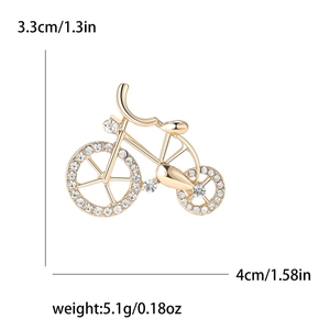 Fashion bicycle brooch with crystals in gold finish showing dimensions and weight