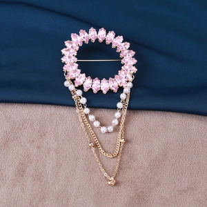 Broche Couronne Ronde en Alliage de Strass Luxueuse Vintage Avec Chaîne à Glands en Perles Artificielles pour Femme Bijoux de Mode Élégan