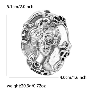 Detailed size specifications for the vintage relief silver brooch with elegant portrait