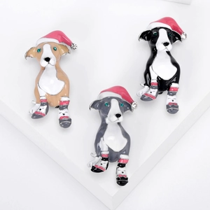 Mode Legierung Weihnachten Hund Brosche Mit Strass Augen Süßer Welpe Mit Hut Tropföl Emaille Pin Tier Brustnadel Schmuck