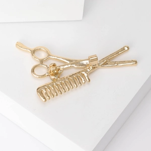 Golden scissors and comb brooch creative fashion lapel pin for hairdresser stylists