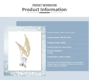 Detailed specs for matte gold angel wing brooch with pearls and crystals, 72mm x 34mm