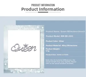 Detail specifications of silver Queen brooch with rhinestones and crown ornament
