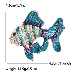 Détails de taille d'une broche poisson en cristal avec émail bleu et mesures