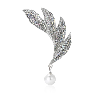Elegant silver leaf brooch with sparkling rhinestones and a white pearl drop pendant