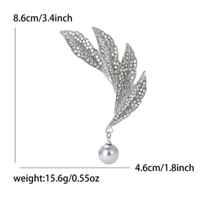 Elegant silver leaf brooch with sparkling rhinestones and grey pearl pendant for women
