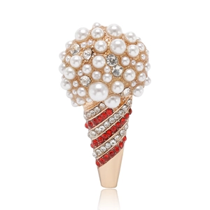 Spilla alla Moda a Forma di Cono Gelato Con Perla Artificial di Imitazione Intarsiata Strass Rosso Bianco Lega Placcata Oro Gioielli Donna