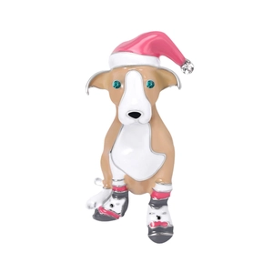 Süße Bullterrier Emaille-Brosche mit rosa Weihnachtsmütze und Rollschuhen als Schmuck