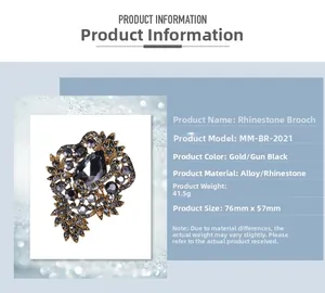 Detailed specs for enamel rhinestone brooch showing dimensions 76mm by 57mm and 41.5g weight