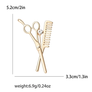 Golden scissors and comb brooch with rhinestone accent for professional barber suits