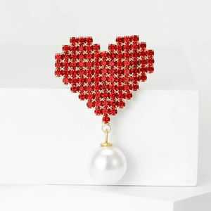 Pixel Red Heart Rhinestone Brooch Alloy Pin With Faux Artificial Pearl For Women Sweet Heart Shape Accessory For Party Dates Gift