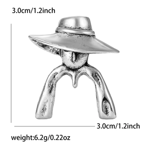 Detailed dimensions of a vintage silver lady silhouette brooch with wide-brimmed hat
