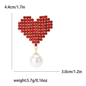 Red heart brooch with rhinestones and pearl pendant, size 4.4cm x 3.0cm, weight 5.7g