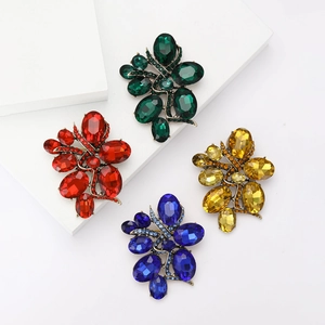 Vintage Alloy Large Gemstone Flower Brooch With Rhinestone Elegant Crystal Pin For Women Banquet Wedding Suit Accessories