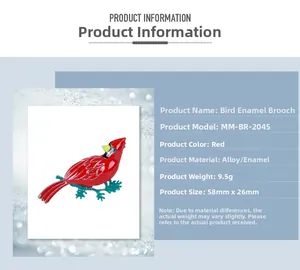 Detailed view of red bird brooch with alloy drip oil finish measuring 58mm by 26mm