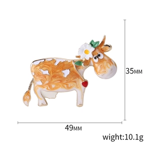 Cartoon cow alloy brooch with yellow enamel flower and heart pendant for suits