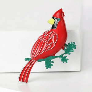 Elegant Red Cardinal Bird Brooch For Women Vintage Alloy Enamel Animal Pin With Green Rhinestone Leaf Jewelry Accessory