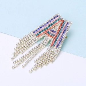 Colorful letter A brooch with sparkling rhinestones and elegant long tassel pendants
