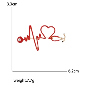 Broche ECG battement de cœur en émail rouge avec stéthoscope et cristal sur métal doré