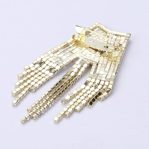 Gold letter A tassel brooch with rhinestones and elegant back pin detail view