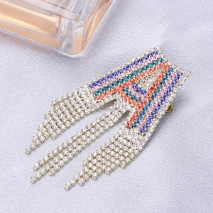 Luxury gold letter A brooch with colorful rhinestones and long glittering tassel chains