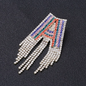 Vintage Alloy Multicolor Rhinestone Letter A Brooch With Long Tassels Exaggerated Geometric Pin For Women Party Accessories