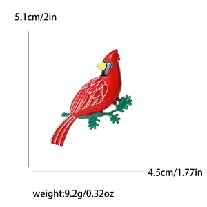 Elegant red Northern Cardinal bird brooch with green leaves, size dimensions 5.1cm by 4.5cm