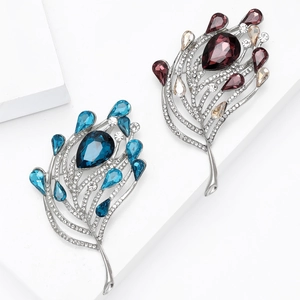 Broches élégantes en forme de plumes avec cristaux bleus et violets en métal argenté