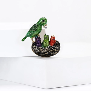 Creative woodpecker bird nest brooch in colorful enamel finish with white crystal stone