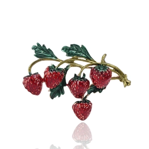 Broche en Émail de Fruit de Fraise de Mode pour Femmes Alliage Plaqué Or Baie Rouge Feuille Verte Épingle de Revers Bijoux Cadeau