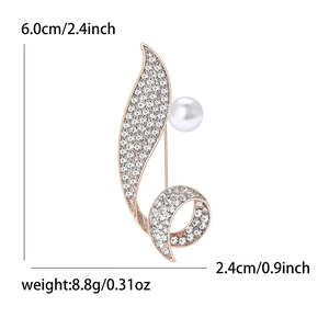 Elegant rose gold rhinestone leaf brooch with large white pearl on white background