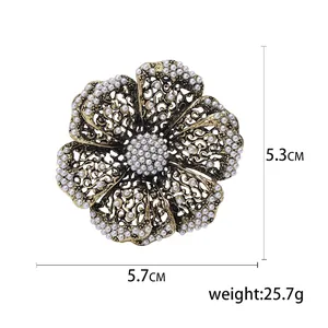 Vintage hollow flower brooch with white pearls and antique bronze finish for women