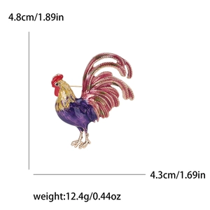 Broche coq créative en émail coloré, alliage violet et or pour accessoires de vêtements