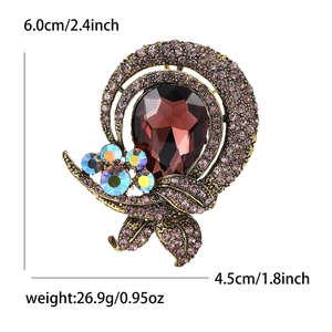 Vintage alloy glass brooch with burgundy teardrop stone and purple crystals, 6.0x4.5cm