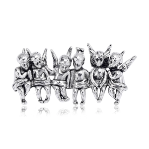 Vintage silver alloy brooch featuring six detailed flying angels for women suit