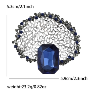 Vintage silver hollow brooch with large blue gemstone and size dimensions shown