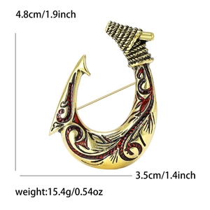 Vintage fish hook brooch in antique gold with red enamel detailing and size dimensions