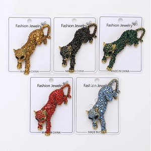 Detail of 5-piece set leopard brooches featuring colorful rhinestones on fashion cards