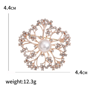 Elegant rose gold flower brooch with white pearl and crystal rhinestones 4.4cm size