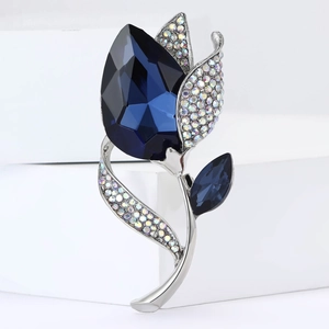 Elegant tulip brooch with deep blue crystal petals and silver-tone diamond rhinestones
