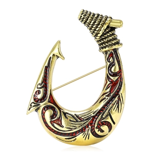 Vintage Alloy Fish Hook Brooch Nautical Enamel Badge Pin For Women Men Fashion Scroll Pattern Clothing Accessories Ethnic Jewelry